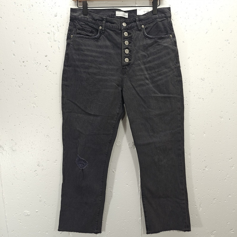 Loft Womens 6 High Waist Straight‎ Crop Black Jeans Distressed Button Fly NWT